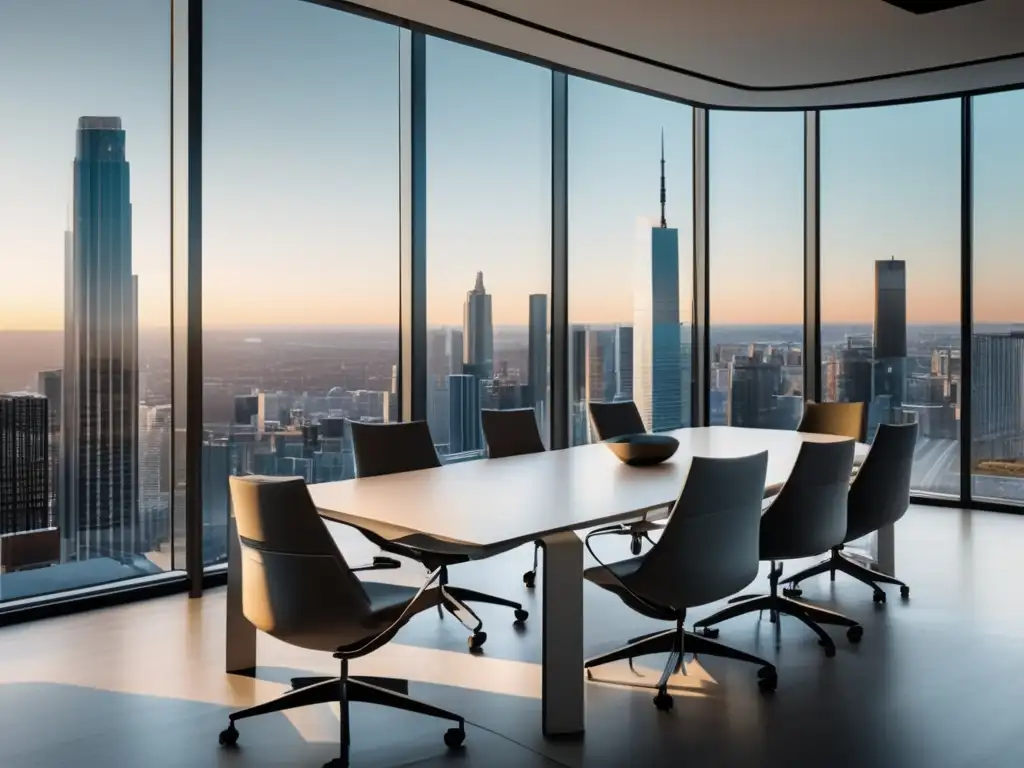 Oficina moderna con vista urbana y profesionales colaborando Oficina moderna con ventanales y vista a la ciudad