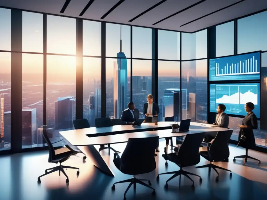 Oficina moderna con profesionales en reunión Oficina moderna con ventanales y vista a la ciudad