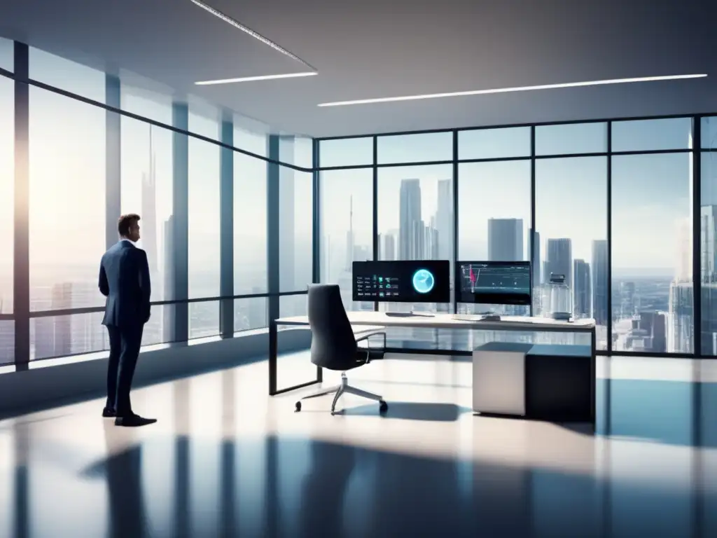 Oficina moderna con vista panorámica Oficina moderna con ventanas y muebles minimalistas - Indicadores venta acciones tecnológicas