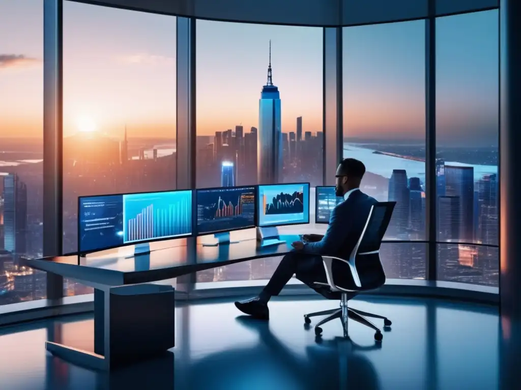 Oficina futurista con tecnología holográfica Oficina moderna con ventanas panorámicas y tecnología futurista