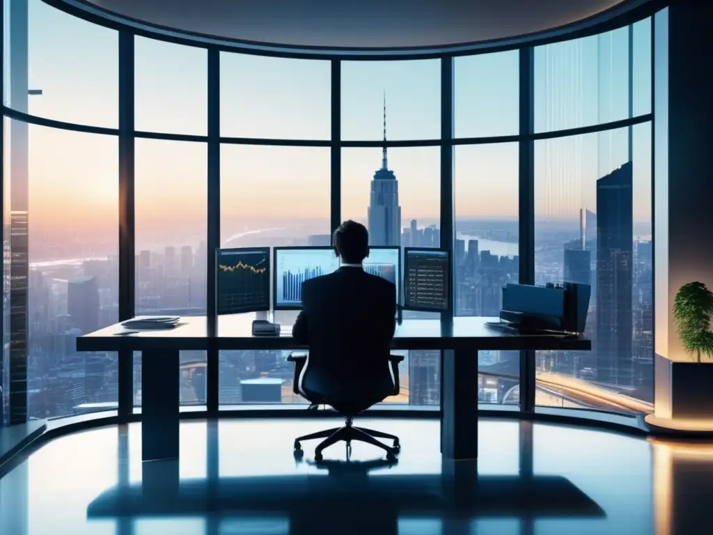 Oficina moderna con vista a la ciudad Oficina moderna con ventanas panorámicas y muebles minimalistas