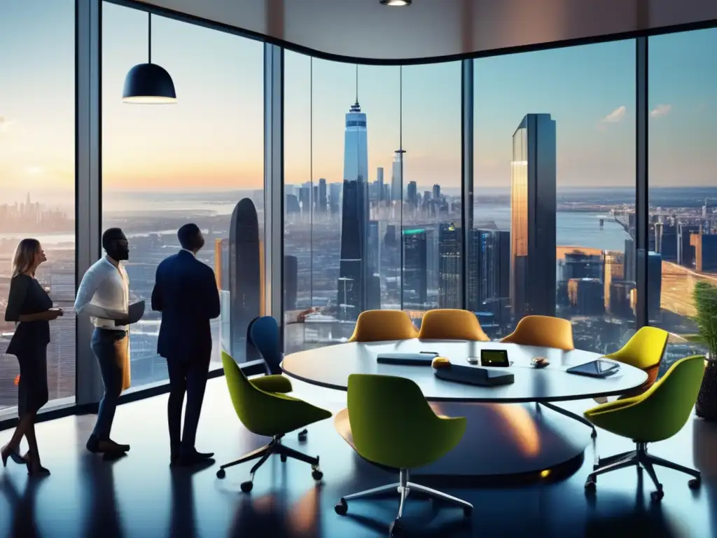 Oficina moderna con inversores y emprendedores discutiendo Oficina moderna con ventanas panorámicas y profesionales discutiendo beneficios de diversificar inversiones en startups