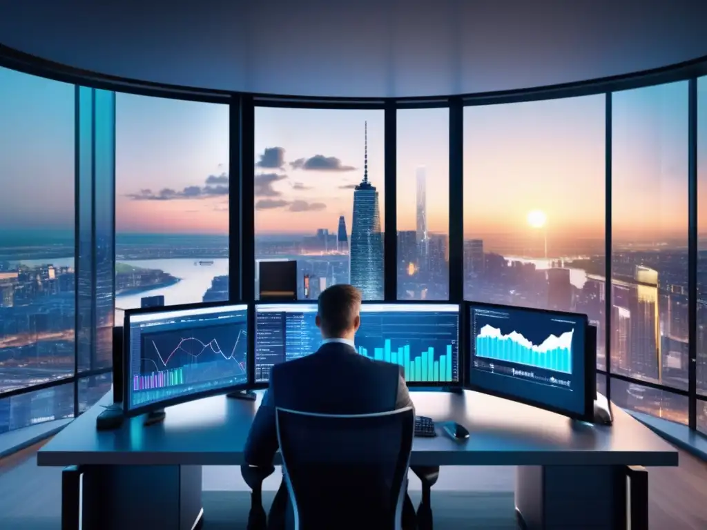Oficina moderna y profesional con vista a la ciudad Oficina moderna con ventanas panorámicas, gráficos de inversión y un profesional analizando datos - Ventajas de invertir en ETFs