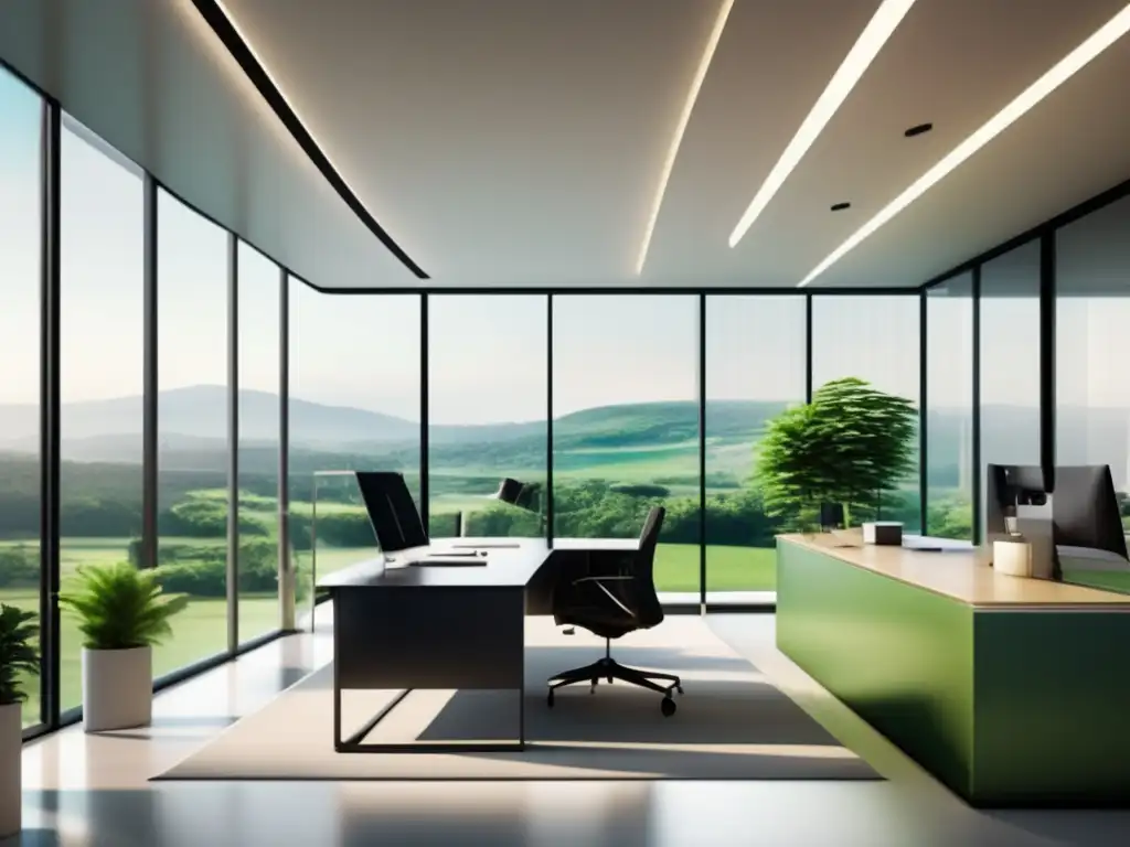 Oficina moderna con vistas a un paisaje verde Oficina moderna con ventanas panorámicas y vistas a un paisaje verde