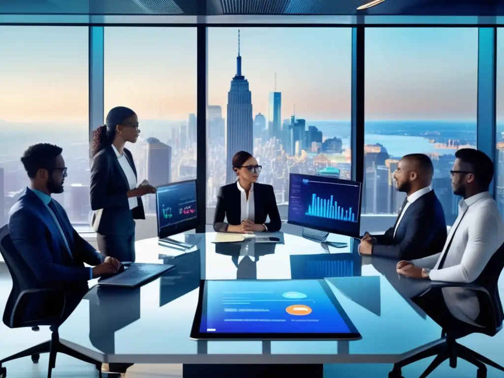 Oficina moderna con vista a la ciudad y tecnología avanzada Oficina moderna con ventanas panorámicas y tecnología avanzada