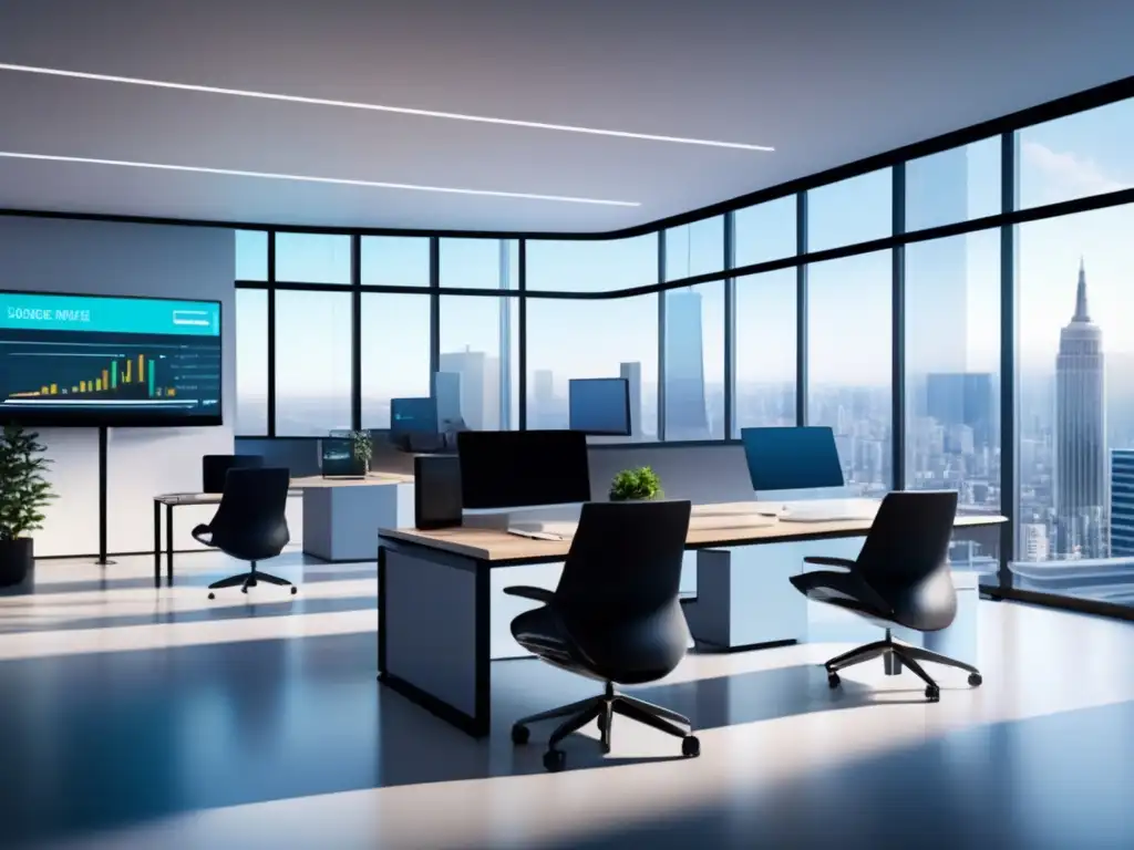 Oficina moderna con vista panorámica Oficina moderna con ventanas panorámicas, muebles minimalistas y pantallas de datos en tiempo real