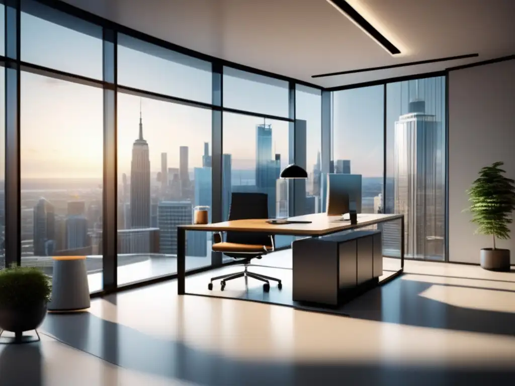 Oficina moderna con luz natural Oficina moderna con ventanas de piso a techo, muebles minimalistas y escritorio de vidrio con gráfica de crecimiento de inversiones