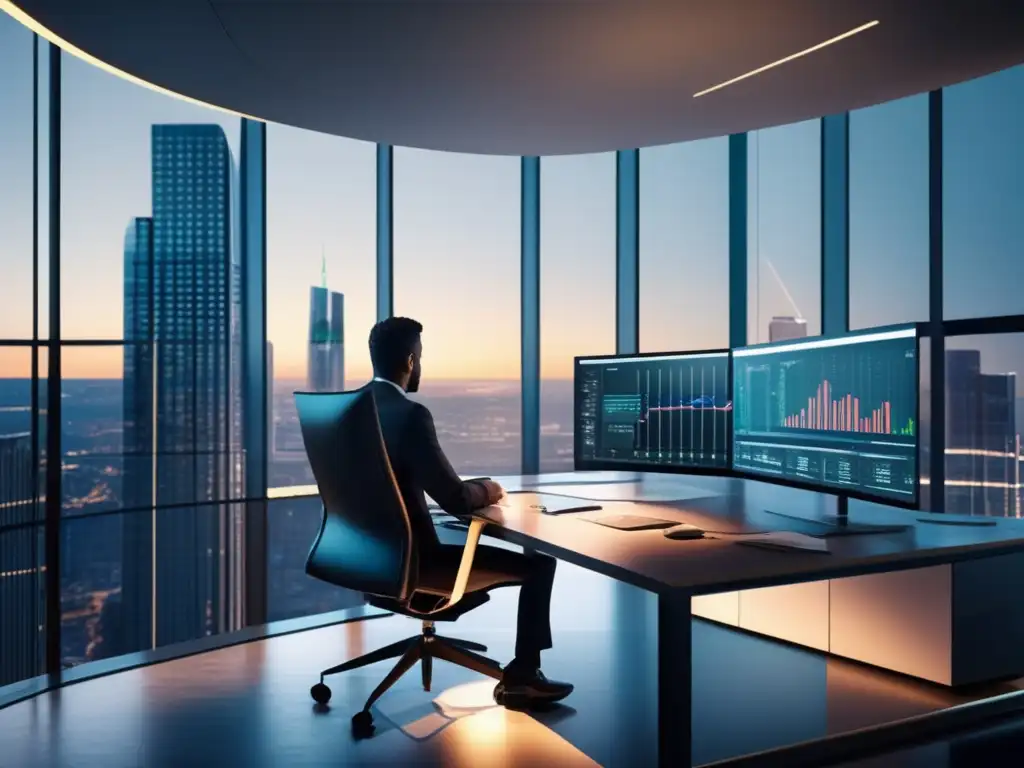 Oficina moderna con inversor enfocado Oficina moderna con ventanas de piso a techo, un inversor enfocado en estudiar gráficos y una guía para invertir en acciones financieras