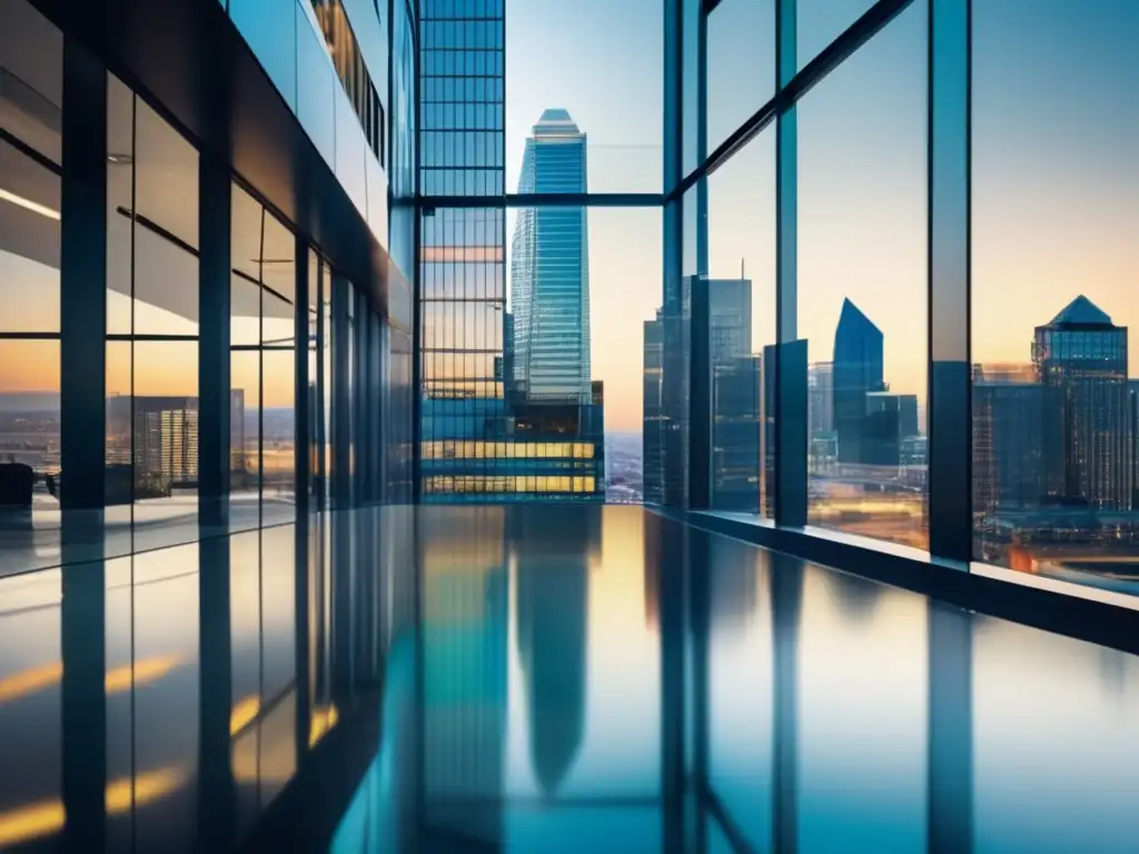 Edificio moderno y profesional en la ciudad Oficina moderna con ventanas de vidrio de piso a techo, reflejando la vibrante ciudad