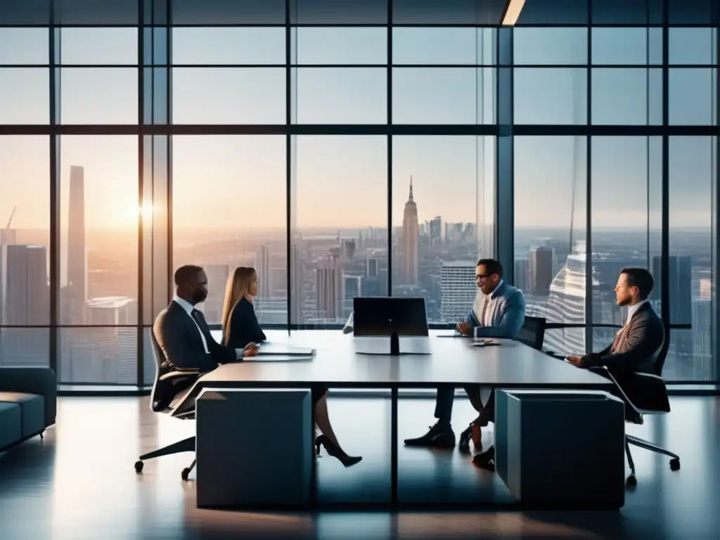 Espacio de oficina moderno con profesionales financieros Oficina moderna y vibrante en la industria financiera con profesionales enfocados en discusiones y trabajo colaborativo