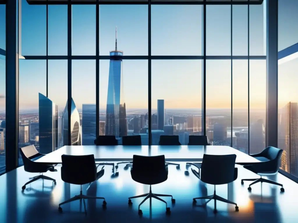 Oficina de inversiones: diversificación y estrategias Oficina moderna con vista a una ciudad vibrante