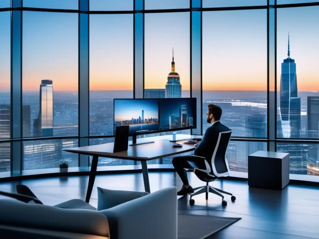 Oficina moderna con vista panorámica de la ciudad Oficina moderna con vista a la ciudad, elegante mobiliario y decoración minimalista