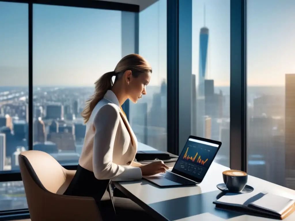 Oficina moderna con vista a la ciudad Oficina moderna con vista a la ciudad, inversor investigando fondos de inversión - Verdades y mitos (110 caracteres)