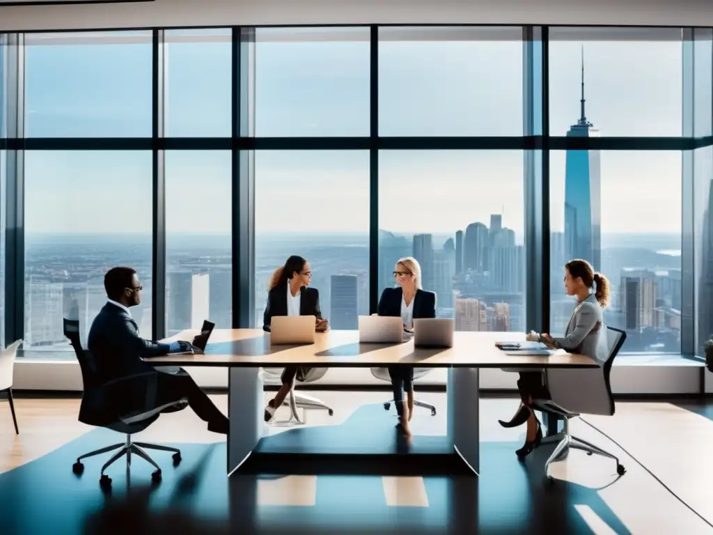 Oficina moderna con profesionales discutiendo Oficina moderna con vista a la ciudad: Consejos de inversión en redes sociales