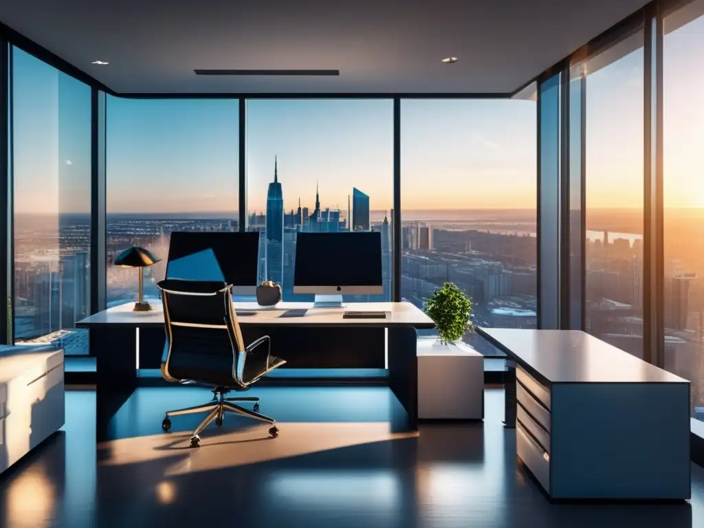 Oficina moderna con vista panorámica de la ciudad Oficina moderna con vista a la ciudad, muebles contemporáneos, escritorio de vidrio y libros sobre inversión exitosa