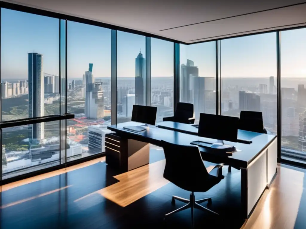 Oficina moderna con vista a la ciudad y profesional exitoso Oficina moderna con vista a la ciudad, escritorio de vidrio con computadora, libros sobre inversión exitosa, profesional leyendo
