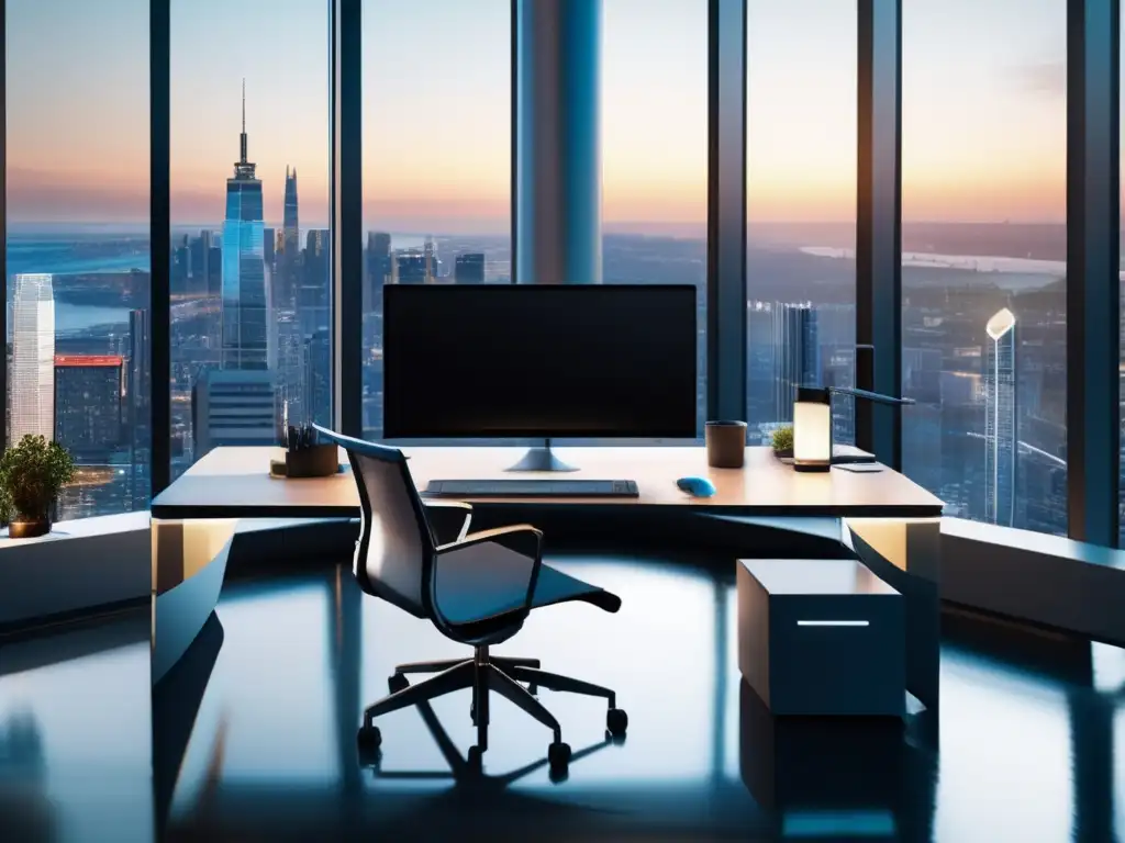 Oficina moderna con vista a la ciudad Oficina moderna con vista a la ciudad, escritorio minimalista con setup de computadora y documentos financieros