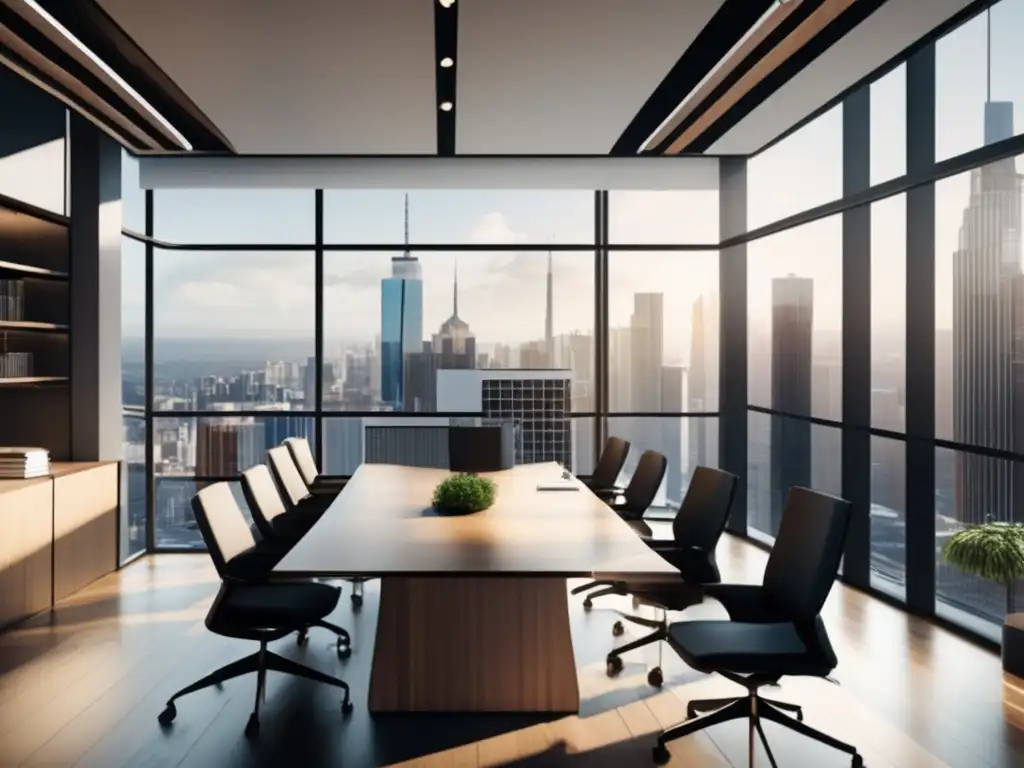 Oficina moderna y elegante con vista a la ciudad Oficina moderna con vista a la ciudad, luz natural, mesa de conferencia de madera y documentos financieros