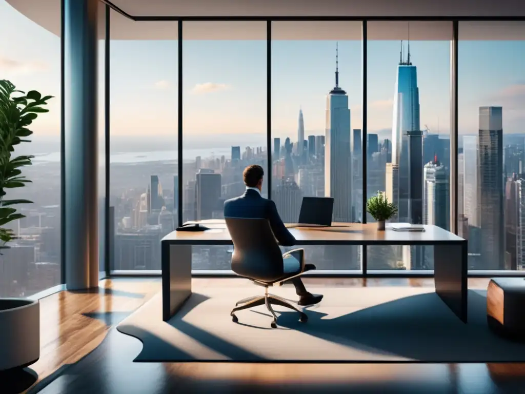 Oficina moderna con vista a la ciudad Oficina moderna con vista a la ciudad y expertos en bonos renta fija (110 caracteres)
