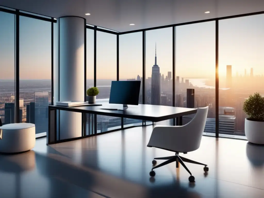 Oficina moderna con vista a la ciudad Oficina moderna con vista a la ciudad, iluminada y decorada con elegancia