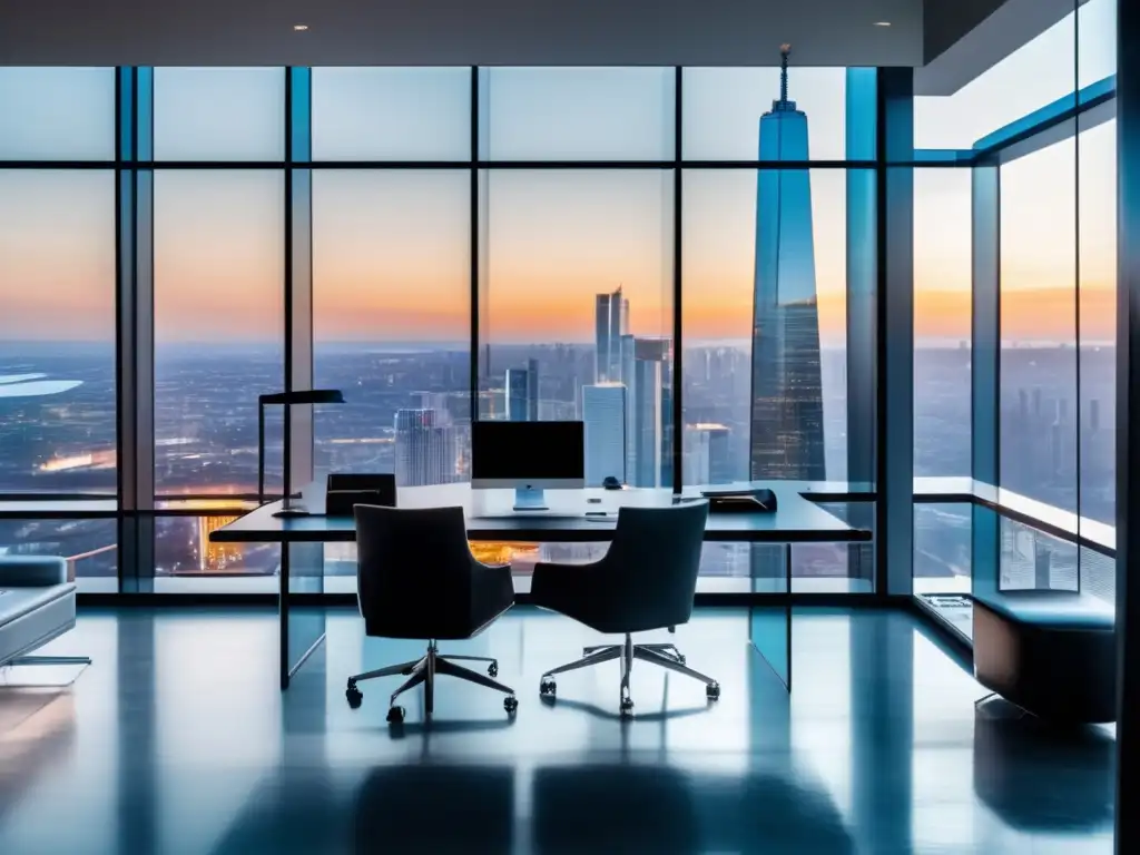 Oficina moderna de lujo con vista a la ciudad Oficina moderna con vista a la ciudad y diseño minimalista