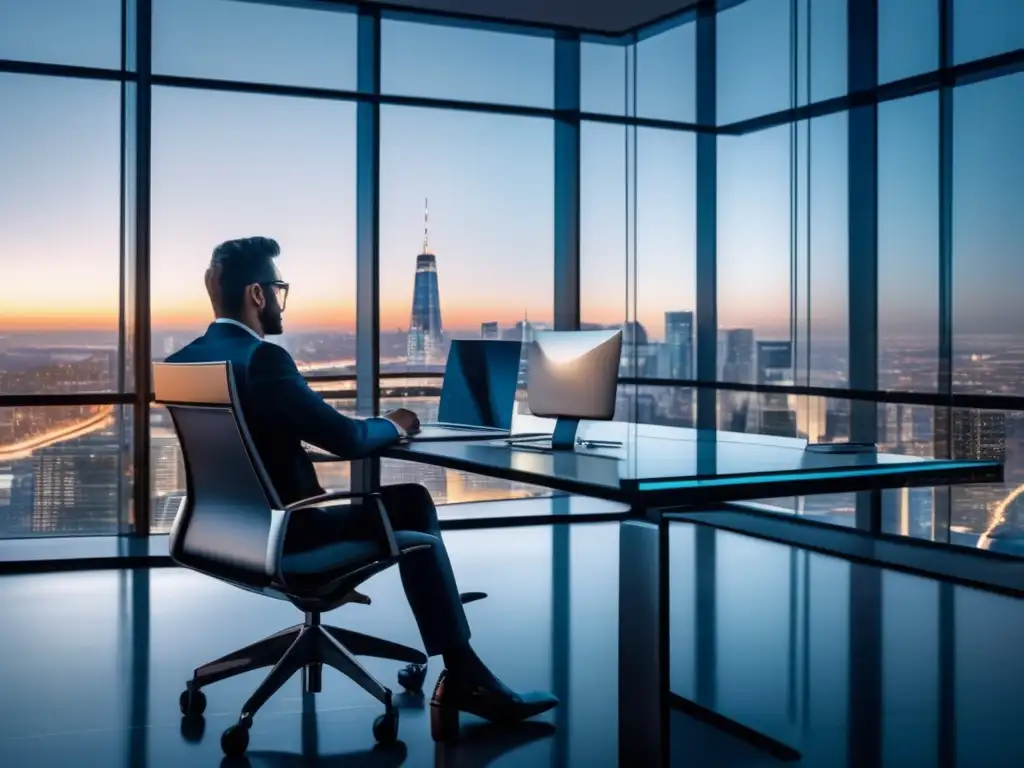 Oficina moderna con vista panorámica y muebles minimalistas Oficina moderna con vista a la ciudad, muebles minimalistas y un inversor estudiando documentos y estrategias (Fiscalidad bonos corporativos gobierno)