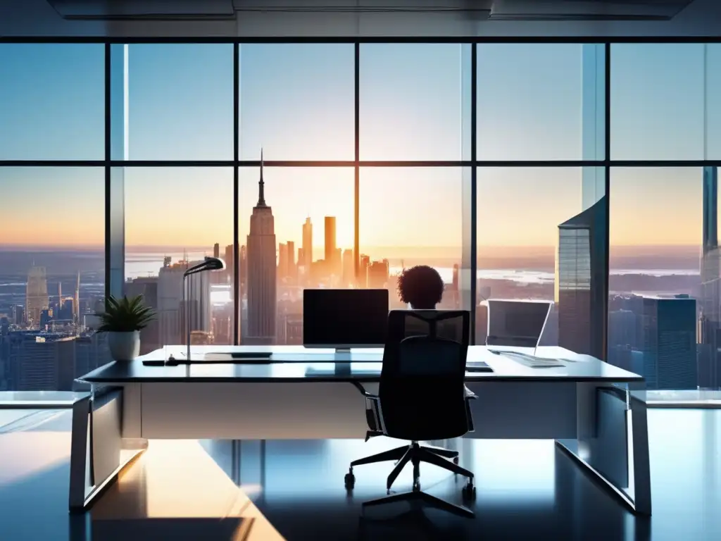 Oficina moderna con vista a la ciudad Oficina moderna con vista a la ciudad, muebles minimalistas y persona estudiando documentos de inversión