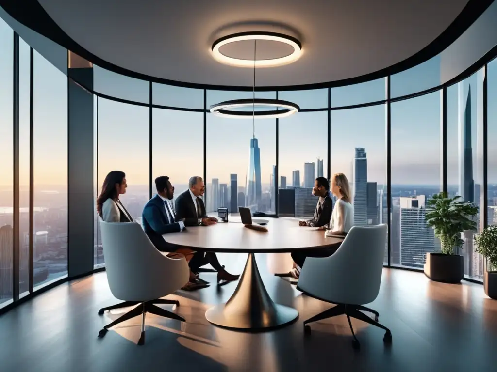 Oficina moderna y profesional Oficina moderna con vista a la ciudad y profesionales discutiendo - Optimización fiscal inversionistas alto patrimonio