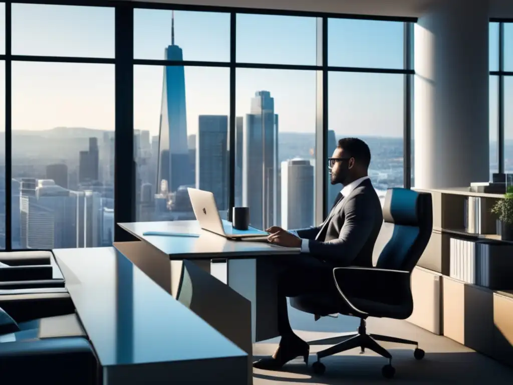 Oficina moderna con vista urbana y profesional concentrado Oficina moderna con vista a la ciudad, muebles elegantes, persona en traje leyendo