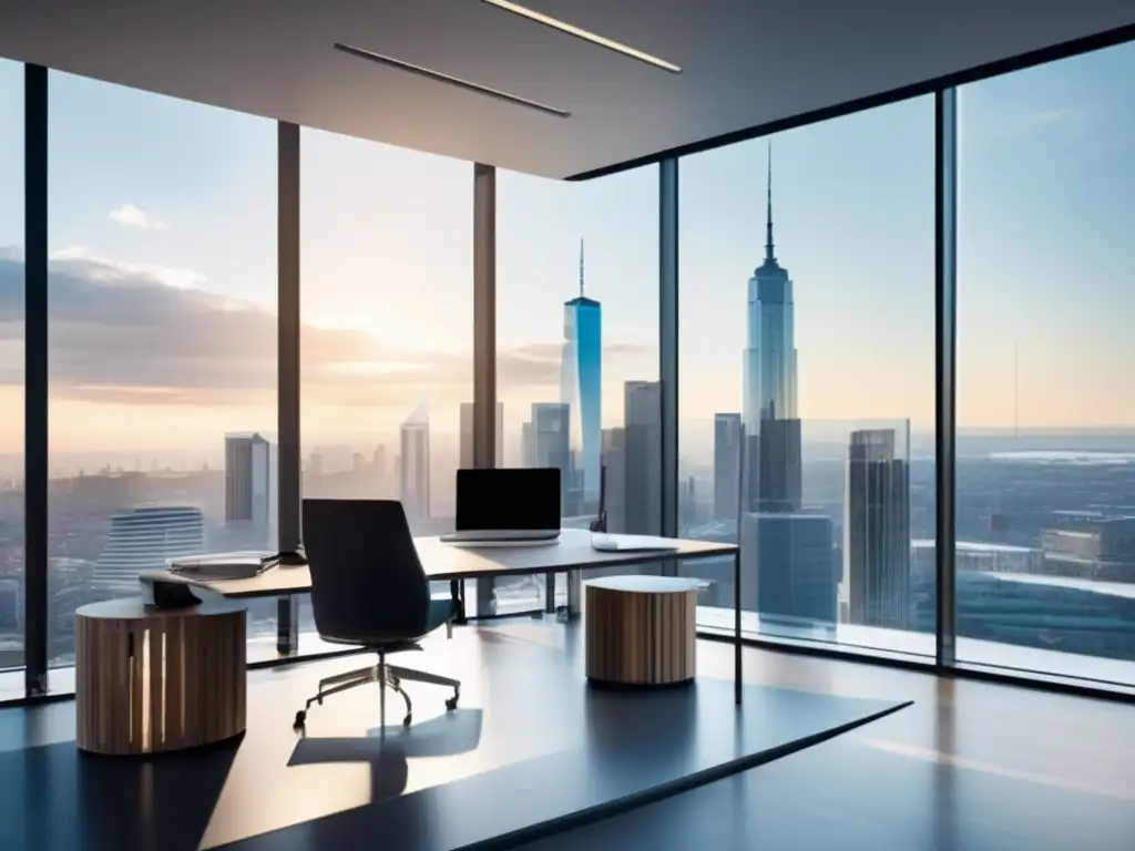 Oficina moderna con vista a la ciudad Oficina moderna con vista a la ciudad, diseño minimalista, luz natural, persona analizando impuestos sobre la renta de no residentes en inversiones
