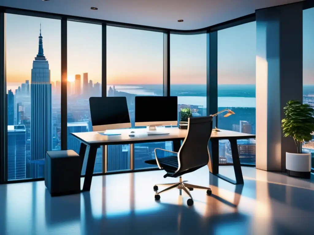 Oficina moderna con vista a la ciudad Oficina moderna con vista a la ciudad y muebles contemporáneos