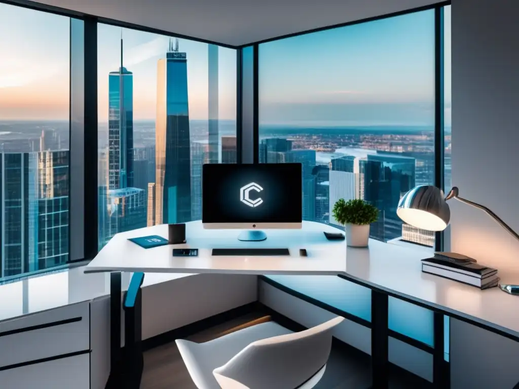 Protección de inversiones en criptomonedas Oficina moderna con vista a la ciudad y escritorio blanco minimalista, mostrando seguro de inversión en criptomonedas