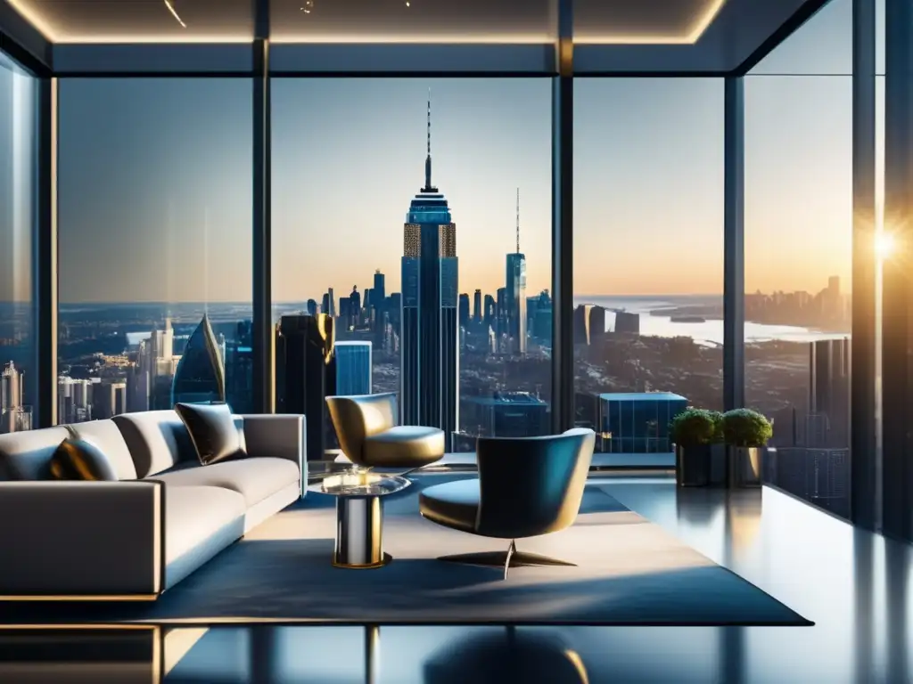 Oficina de lujo con vista a la ciudad Oficina moderna con vista a la ciudad, muebles contemporáneos y barra de plata - Estrategias fiscales inversiones metales preciosos