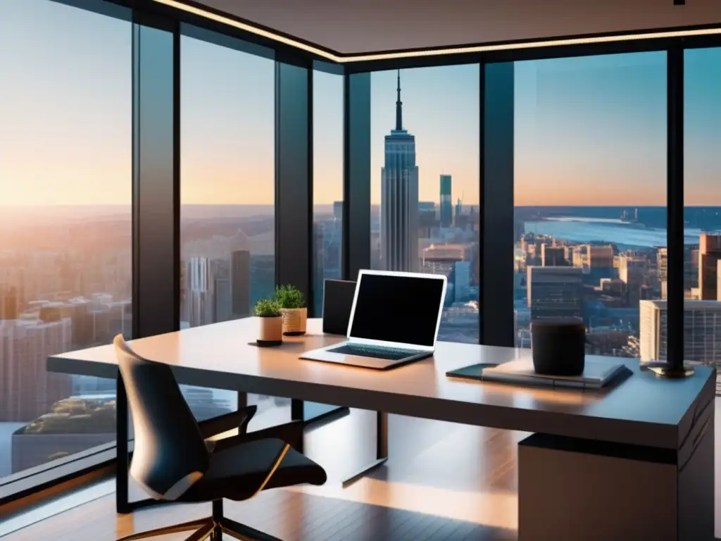 Oficina moderna con vista a la ciudad Oficina moderna con vista a la ciudad, libros de inversión y café - Fiscalidad bolsa aprendizaje inversores novatos
