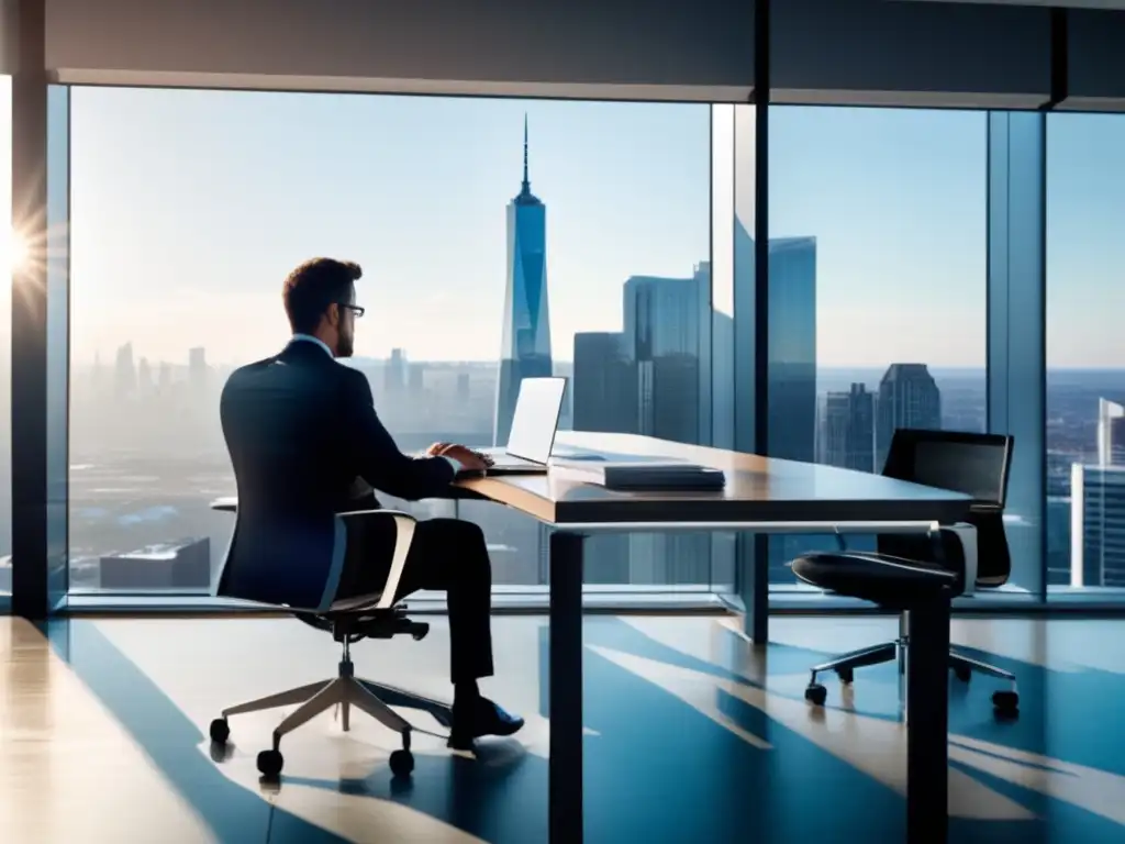 Oficina moderna con vistas a la ciudad Oficina moderna con vista a la ciudad, muebles contemporáneos y persona en traje pensando en estrategias de cosecha de pérdidas fiscales efectivas