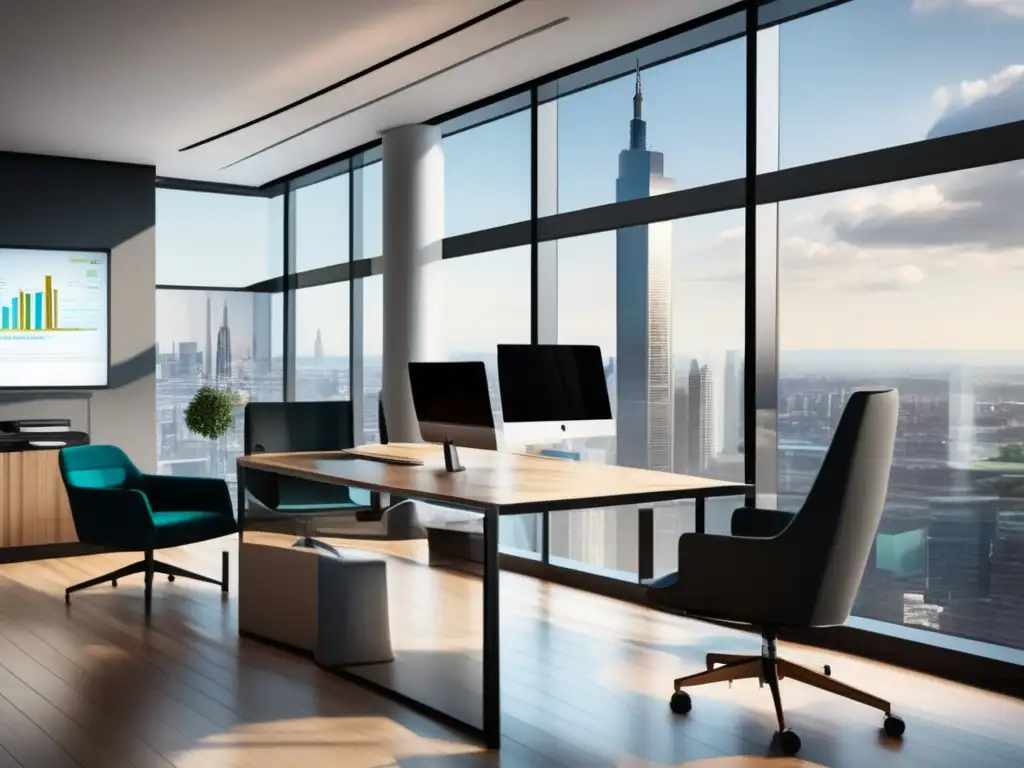 Moderna oficina con vista a la ciudad Oficina moderna con vista a la ciudad, muebles elegantes y tecnología avanzada