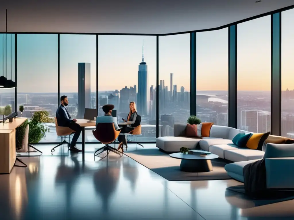 Oficina moderna con vista a la ciudad y profesionales colaborando Oficina moderna con vista a la ciudad, muebles minimalistas y tecnología avanzada