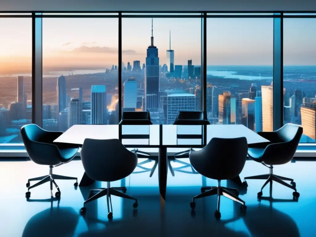 Oficina moderna con vista a la ciudad y muebles minimalistas Oficina moderna con vista a la ciudad, muebles minimalistas y documentos financieros que destacan el Impuesto al Patrimonio en inversiones