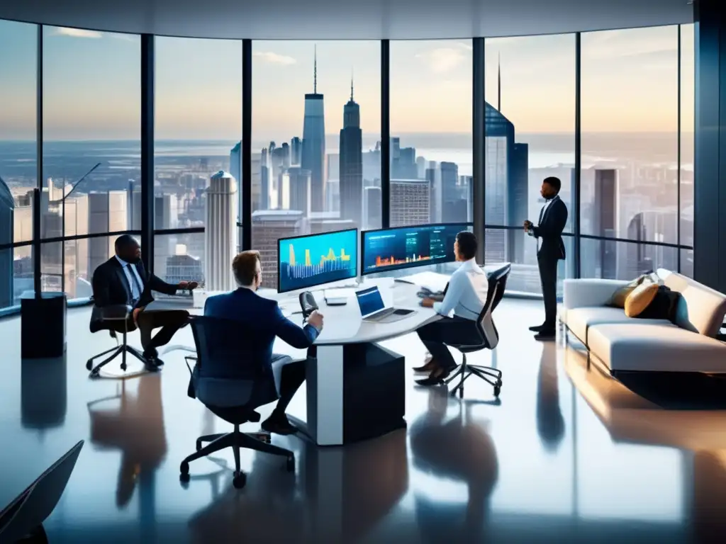 Oficina moderna con vista panorámica y profesionales colaborando Oficina moderna con vista a la ciudad, muebles minimalistas y profesionales discutiendo