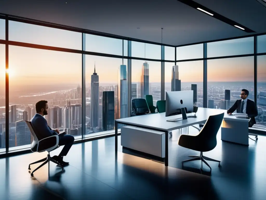 Oficina moderna con vista a la ciudad y profesionales trabajando Oficina moderna con vista a la ciudad, muebles elegantes y profesionales analizando informes financieros