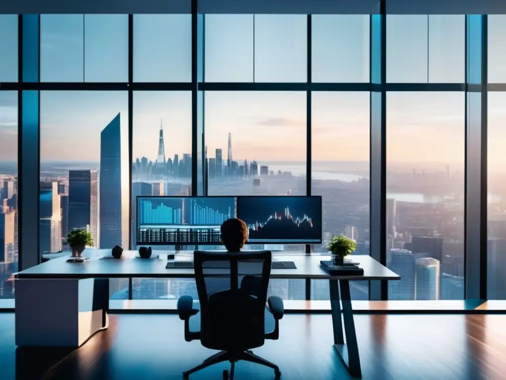 Oficina moderna con vista de ciudad y análisis financiero Oficina moderna con vista a la ciudad, análisis financiero y ambiente profesional