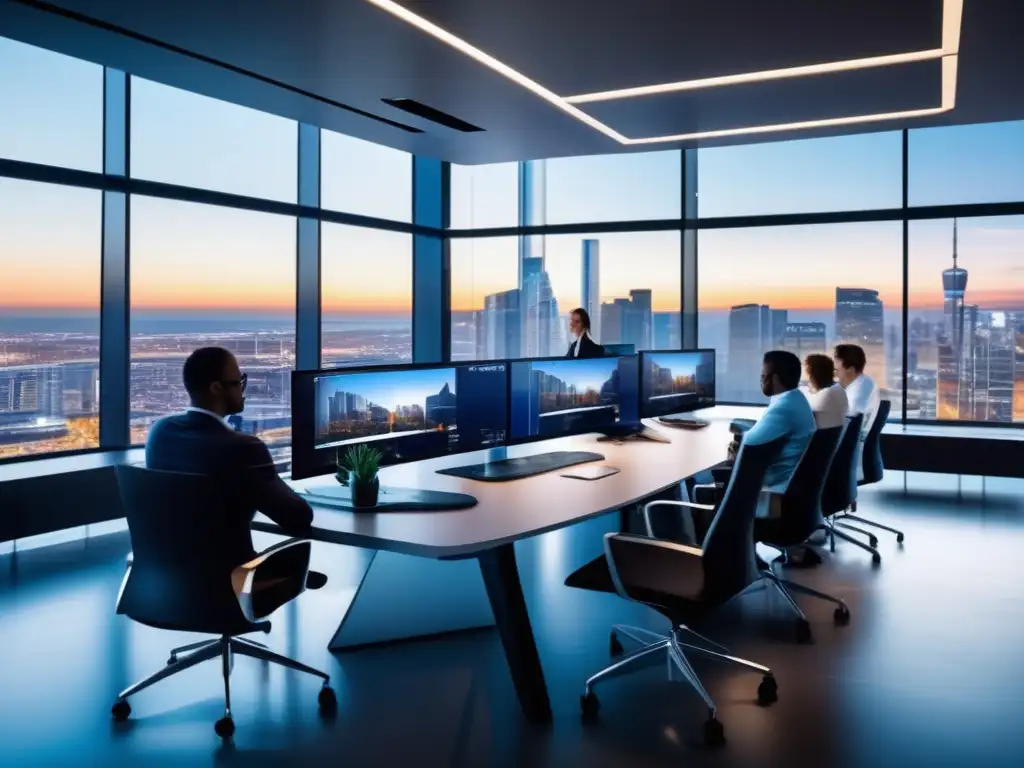 Equipo de trabajo en oficina moderna con vista panorámica de la ciudad Oficina moderna con vista de la ciudad y profesionales trabajando en conjunto con software de coinversión (110 caracteres)