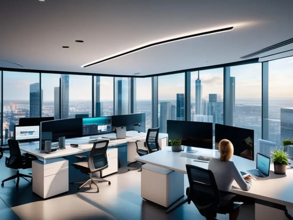 Oficina moderna con vista a la ciudad Oficina moderna con vista a la ciudad, tecnología avanzada y trabajo colaborativo