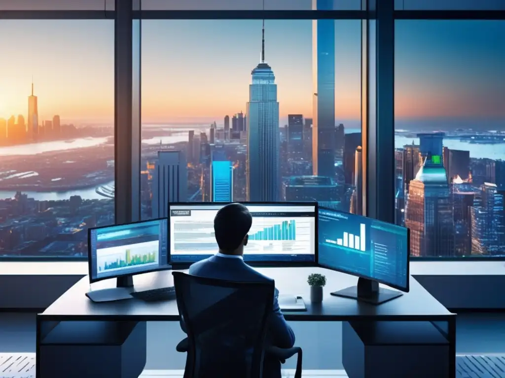 Oficina moderna con ventanales y tecnología avanzada Oficina moderna con vista a la ciudad