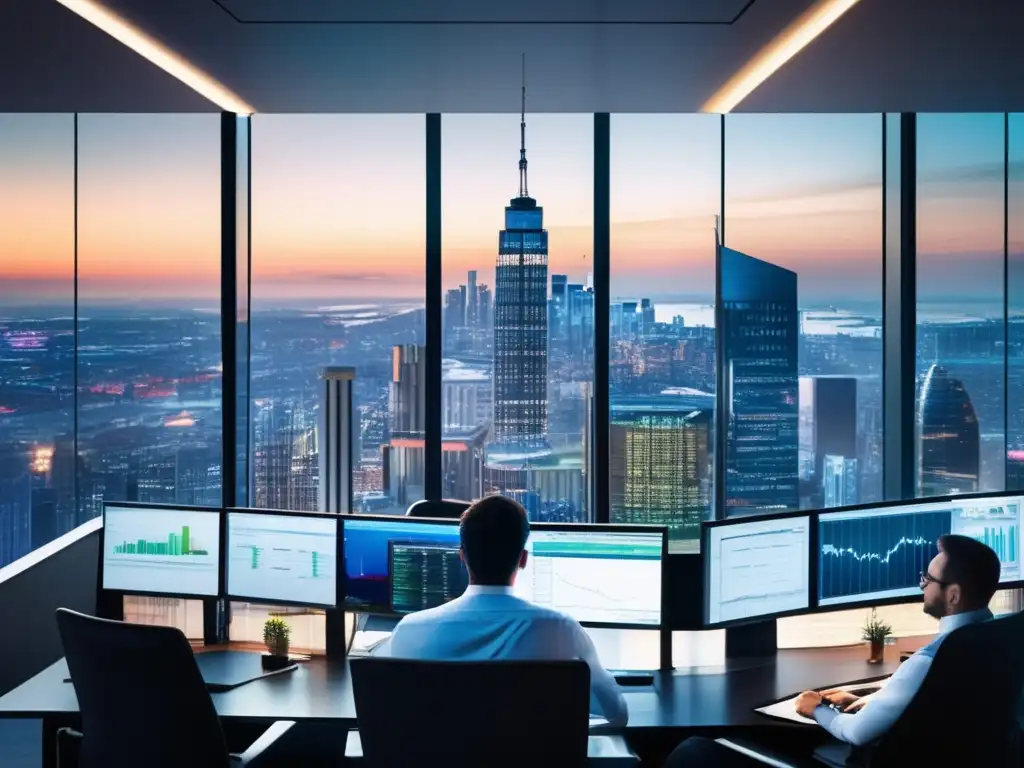 Oficina moderna con traders enfocados Oficina moderna con vista a la ciudad y traders en plena negociación