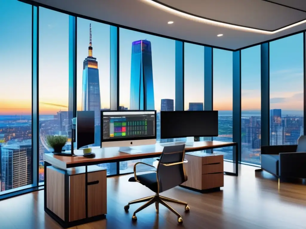 Oficina moderna con vistas a la ciudad Oficina moderna con vista a la ciudad y bot de inversión personalizado