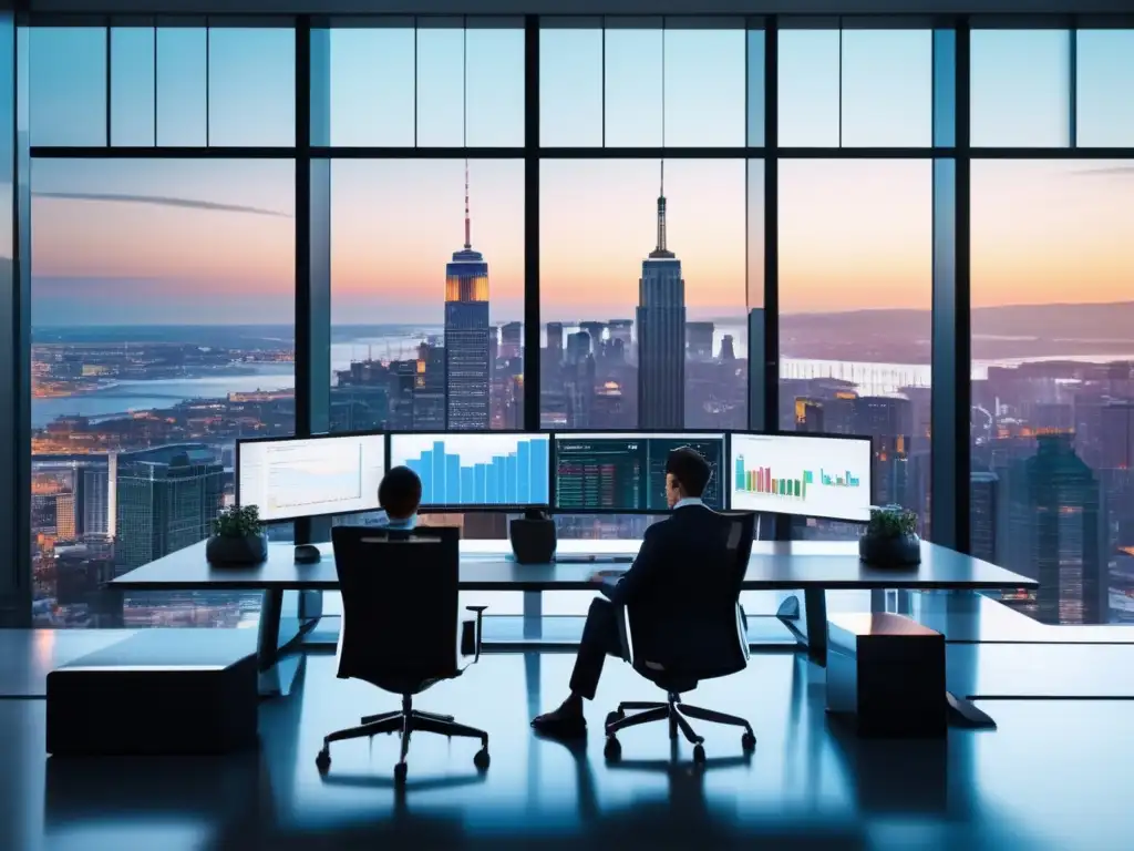 Oficina moderna con vista a la ciudad y análisis financiero Oficina moderna con vista a la ciudad, profesional analizando estrategias inversión a largo plazo