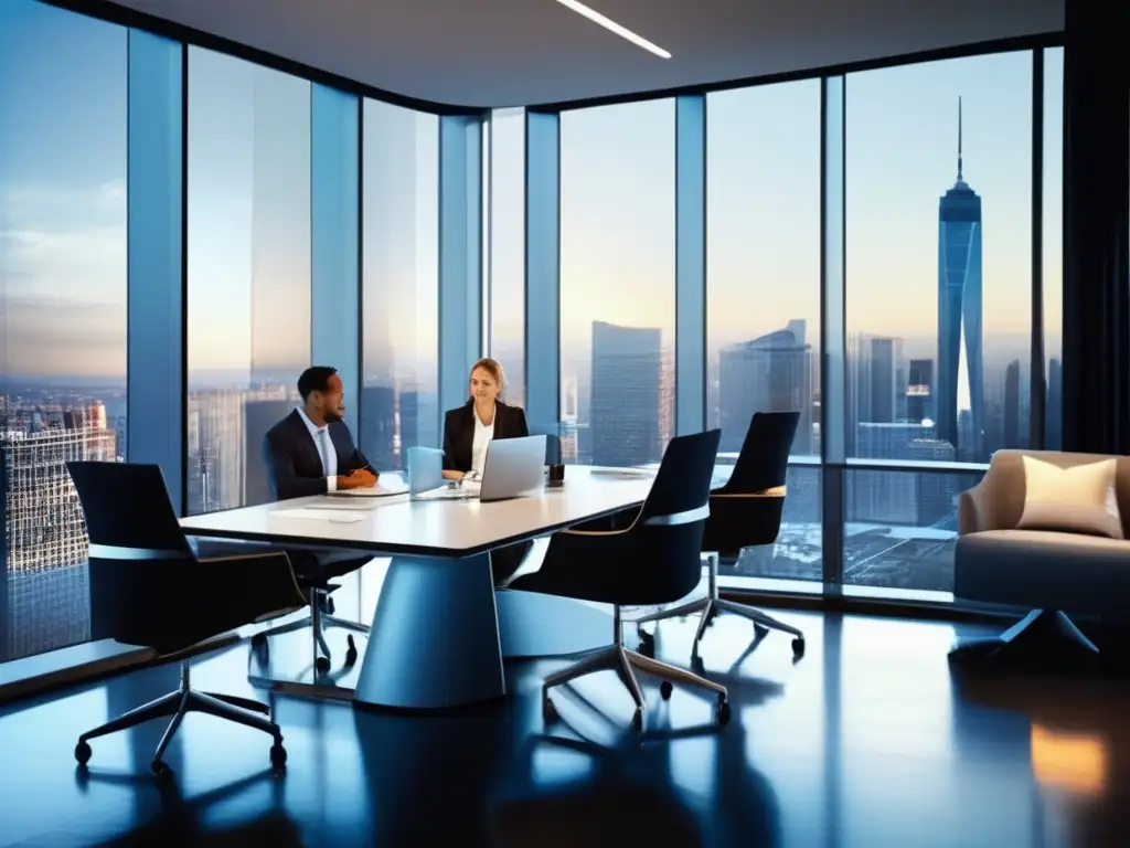 Oficina moderna y exitosa con profesionales analizando inversiones Oficina moderna con vista a la ciudad, profesionales analizando estrategias de inversión con simuladores rentables