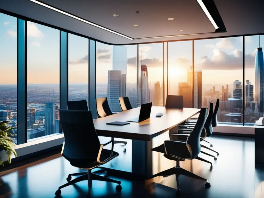 Espacio de oficina moderno con vista a la ciudad Oficina moderna con vista a la ciudad, muebles contemporáneos y emprendedores entusiasmados