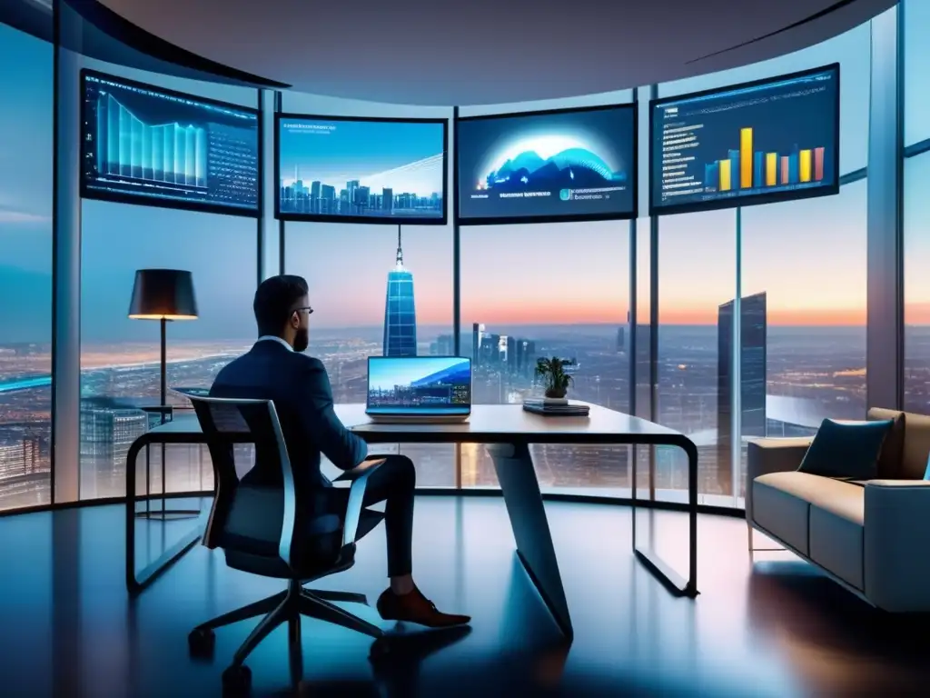 Oficina moderna con vista panorámica Oficina moderna con vista a una ciudad, muebles contemporáneos, tecnología avanzada y estrategias de inversión a prueba de recesiones